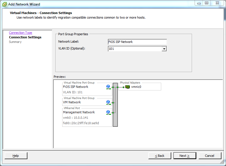 A screen capture from the vSphere Client's Add Network Wizard.