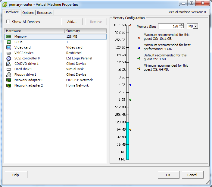 A screen capture from the vSphere Client's VM Settings dialog box.