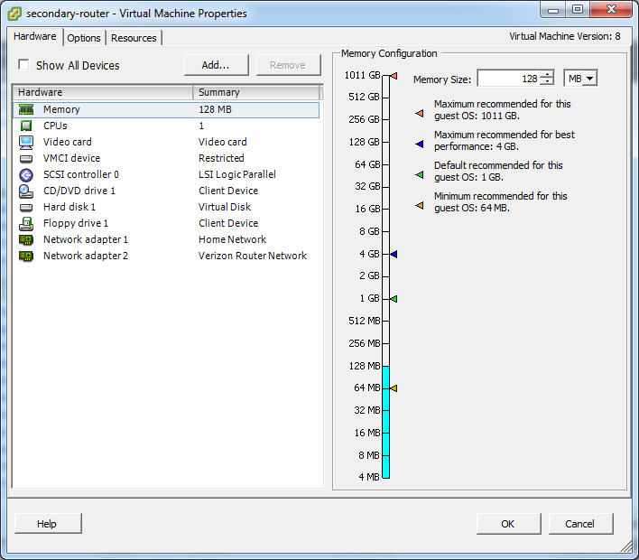 A screen capture from the vSphere Client's VM Settings dialog for the secondary VM.